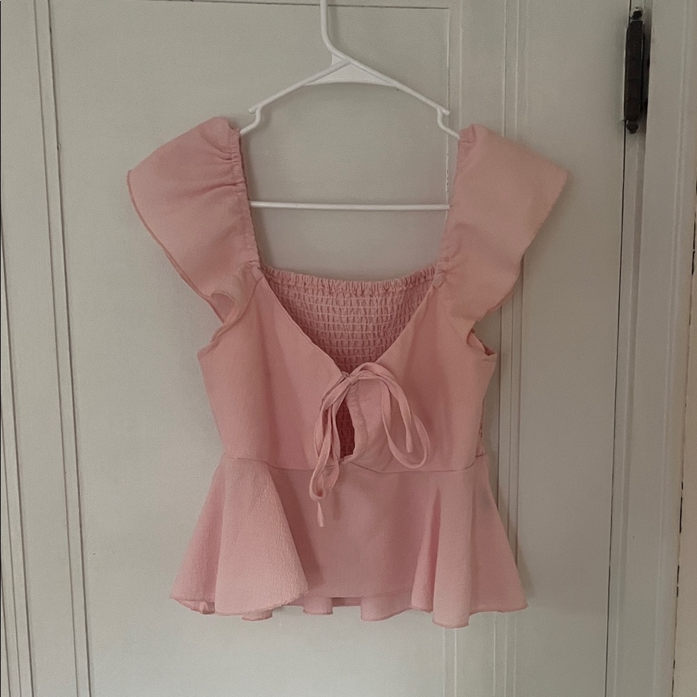 SHEIN Pink Tie-Front Ruffle Blouse